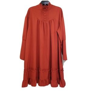 Prairie Midi Dress Ruffle Hem Puff and Button Sleeve High Neck Size 5XL Rust